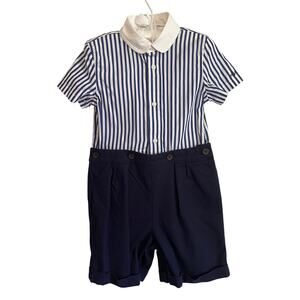 Ralph Lauren Baby Boy Navy Striped White Collar Shirt & Shorts Set | 24 Months
